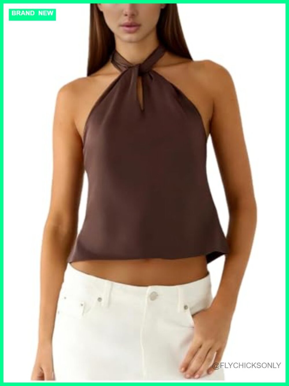 Satin Silk Halter Top Keyhole Cutout High Neck Backless Crop